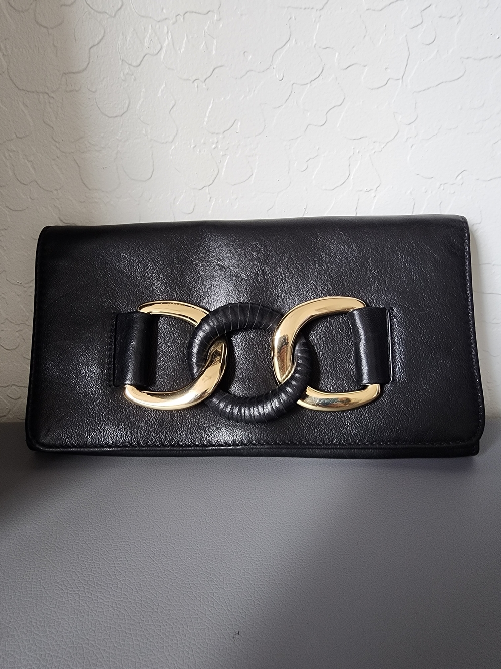 Michael Kors Black Leather Clutch with Gold Link Detail